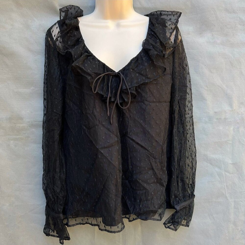 J. Crew Ruffleneck Top Shirt Sheer Clip Dot Black Size Small S Elegant Classic